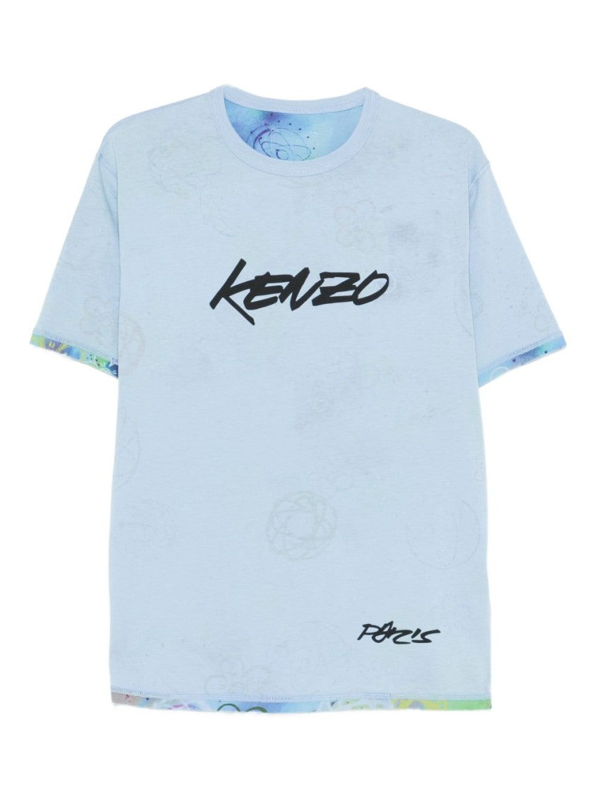 Kenzo Light Blue Logo Print T-Shirt With Floral Detail