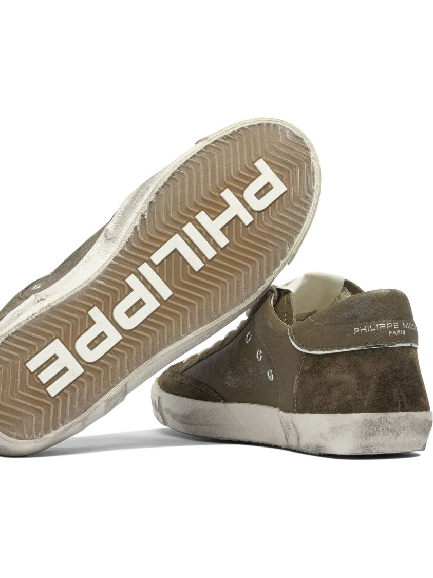 Philippe Model Paris Distressed Olive Green Leather And Suede Sneakers