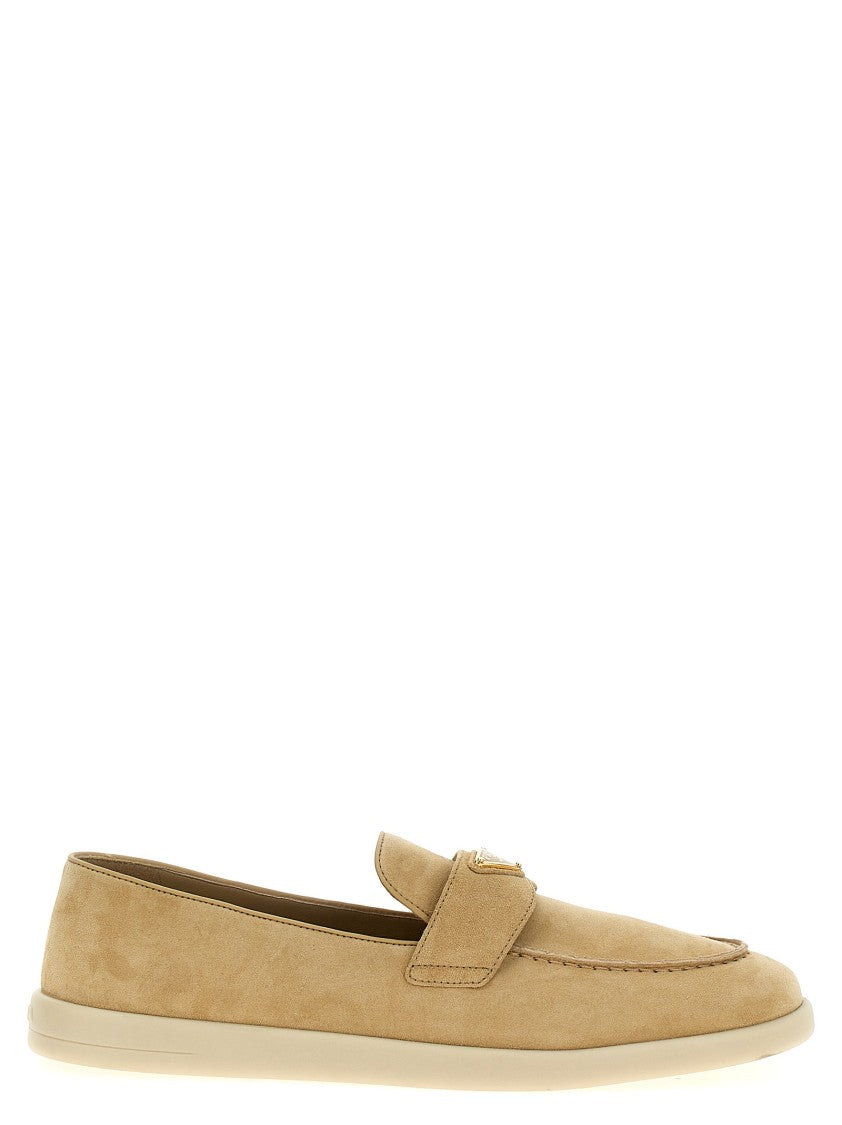 Prada Brown Suede Loafers With Enameled Metal Logo