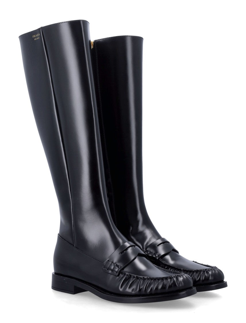 Prada Polished Leather Penny Knee-High Boots