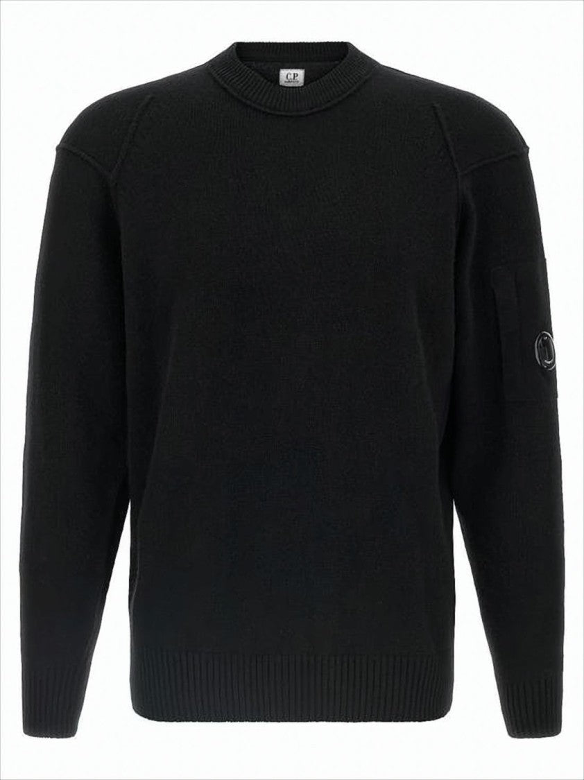 C.P. Company Minimalist Black Crew Neck Sweater With Subtle Logo Patch