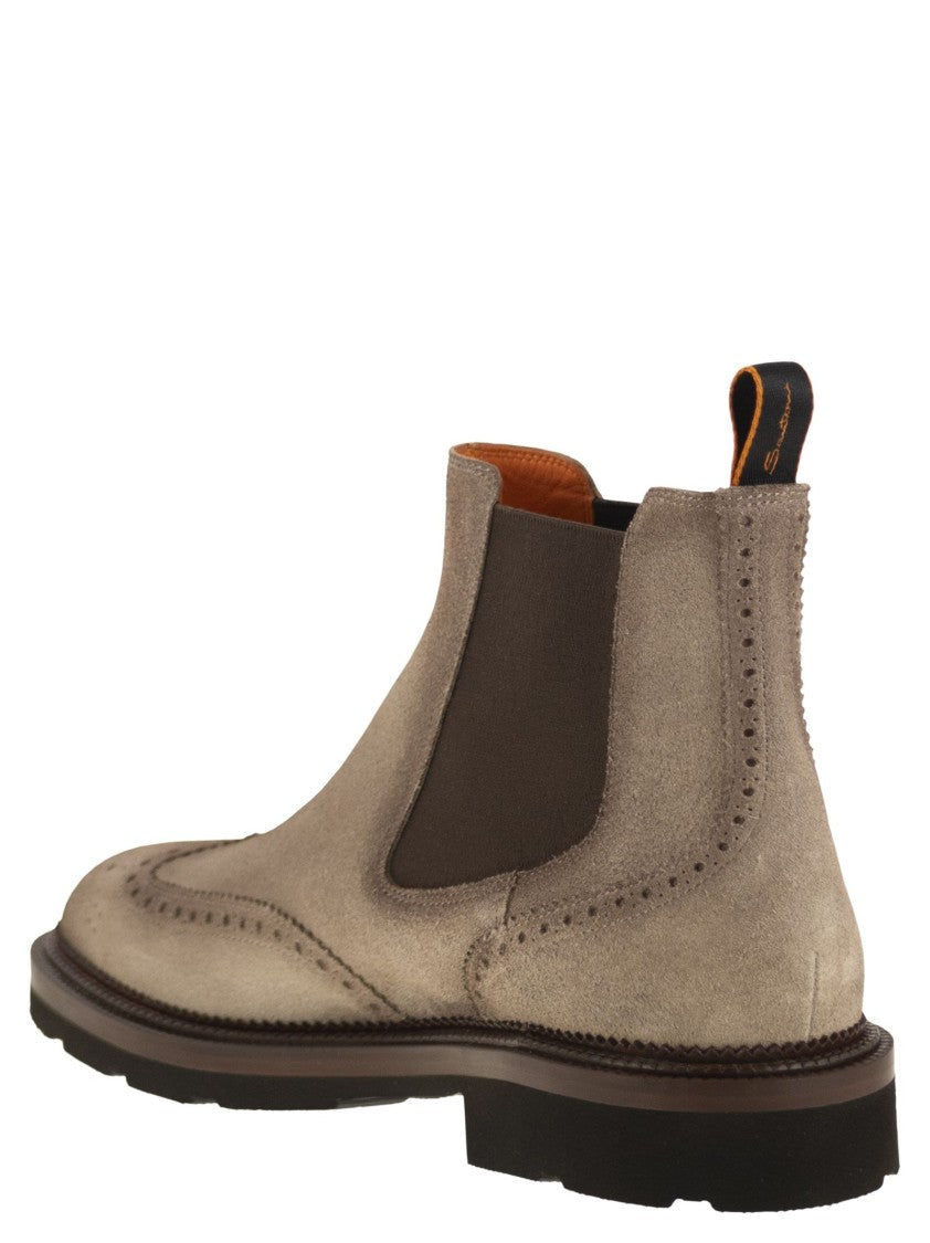 Santoni Chelsea Brogue Suede Ankle Boot