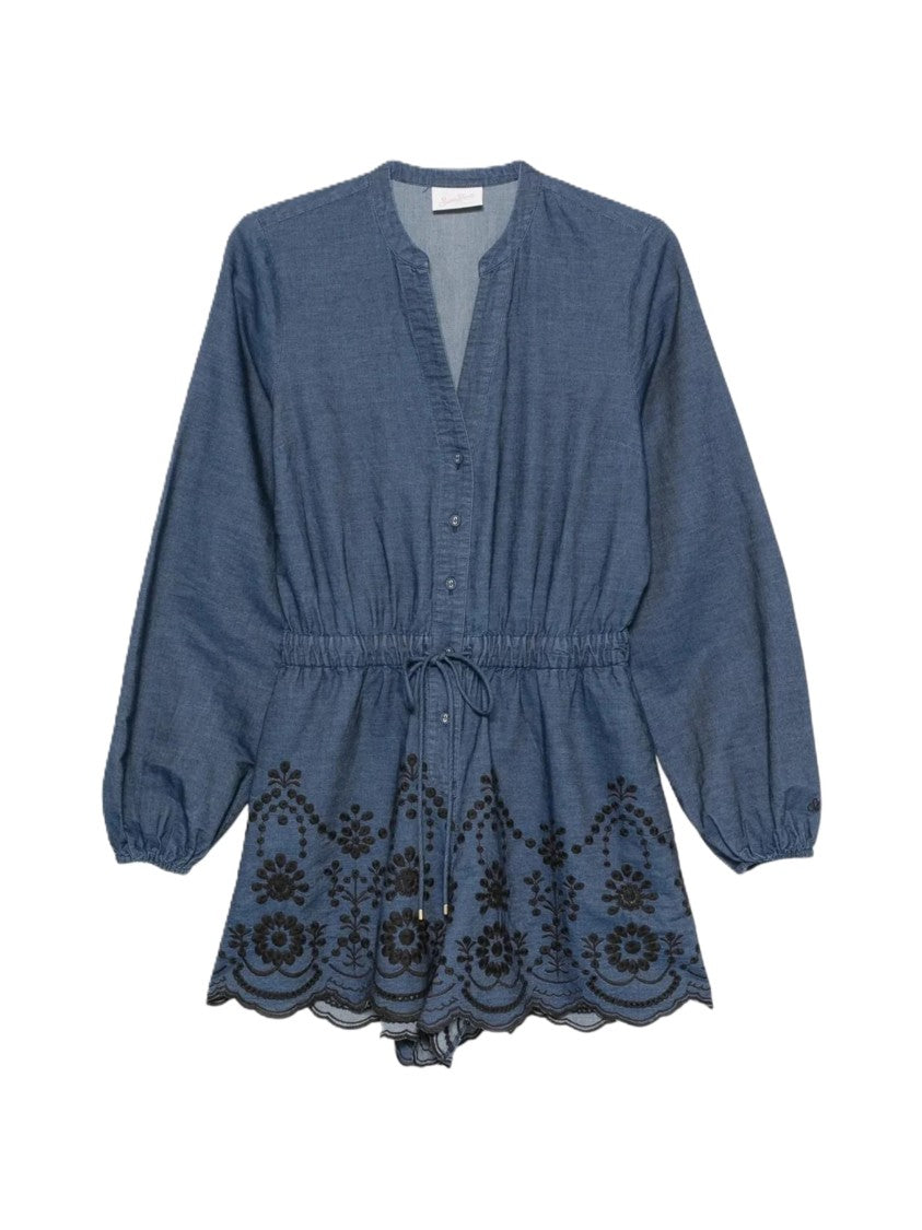 Mc2 Saint Barth V-Neck Puff Sleeve Romper With Intricate Floral Embroidery