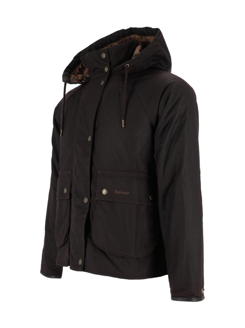 Barbour Cropped Black Waxed Cotton Jacket With Hood And Flap Pockets