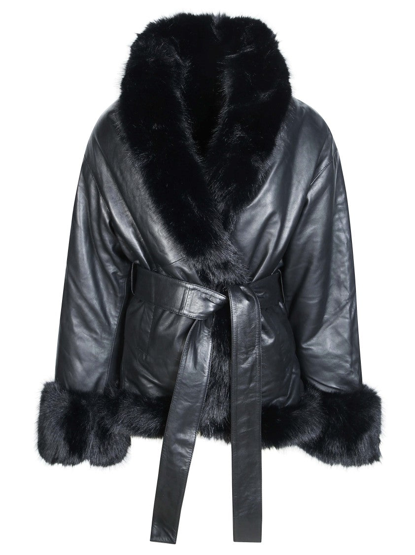 Rotate Belton Short Plush Fur Trim Glossy Leather Jacket