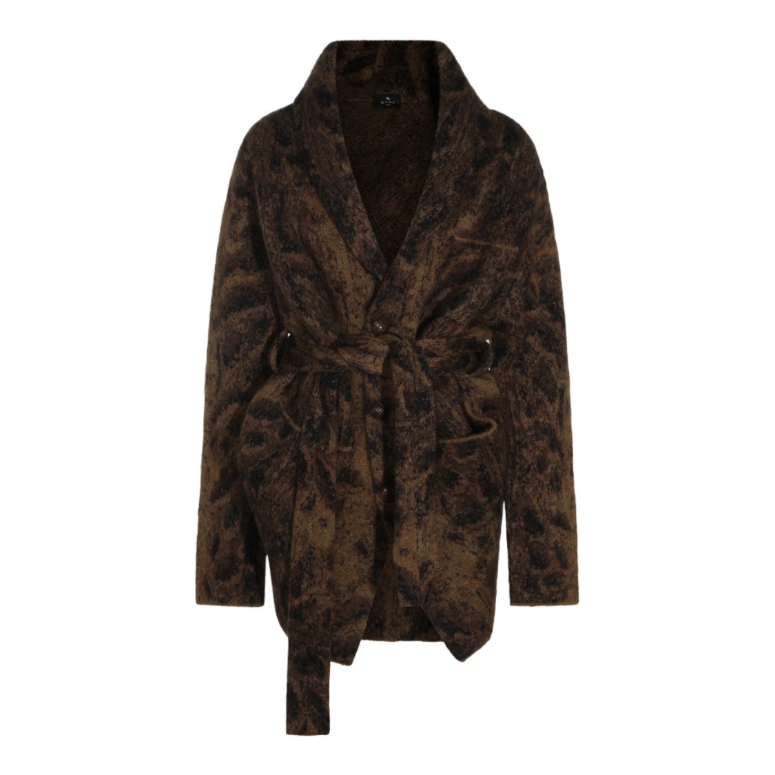 Etro Textured Shawl Collar Sweater With Abstract Pattern And Belted Waist