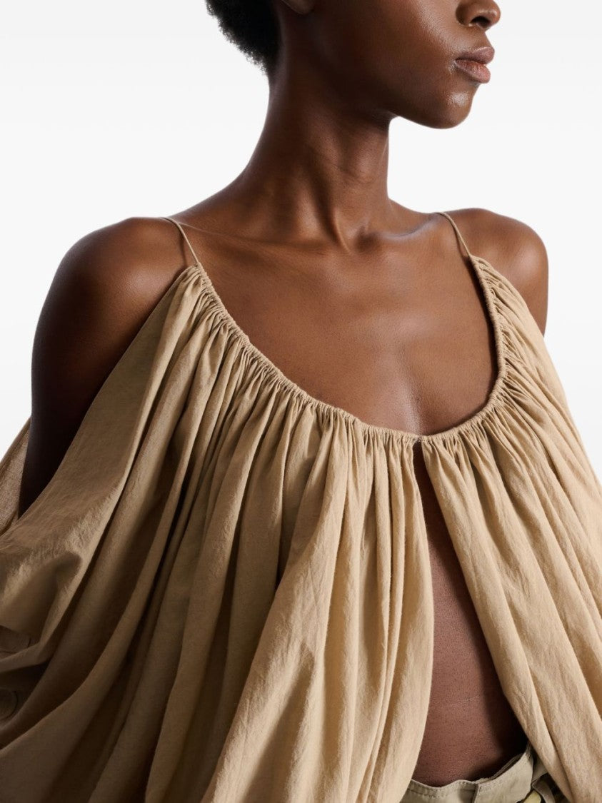 Balmain Beige Gathered Cut Out Cotton Top