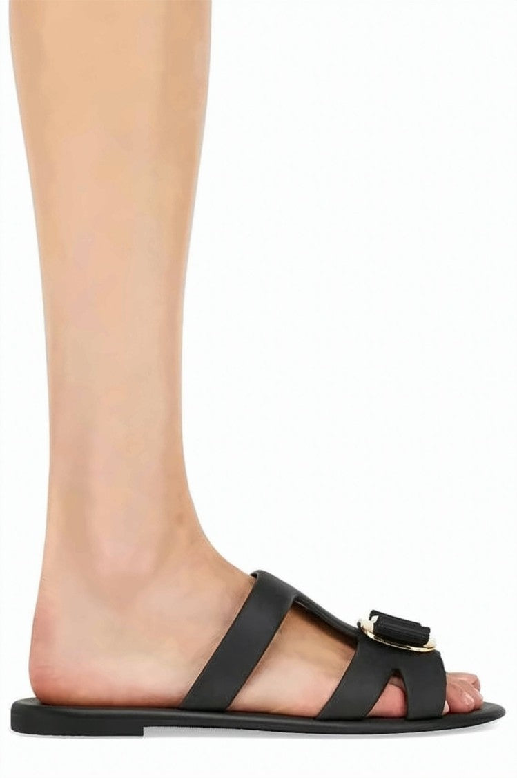 Salvatore Ferragamo Minimalist Black Rubber Slide Sandals With Gold-Tone Plate