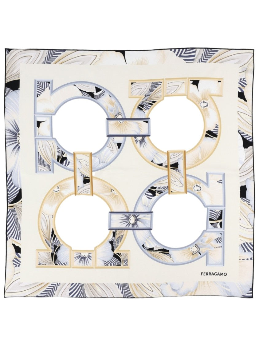 Ferragamo Ivory Square Scarf With Geometric And Floral Patterns
