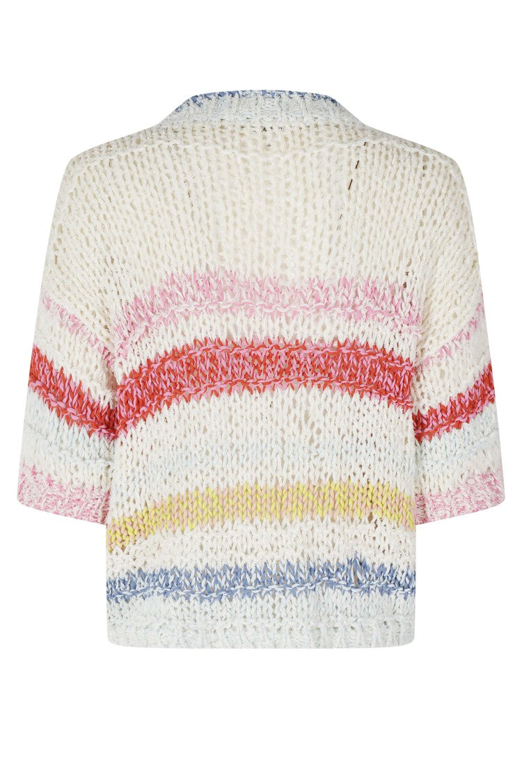 Roberto Collina Ecru Multicolor Striped Ribbed Trim Cotton-Blend Sweater