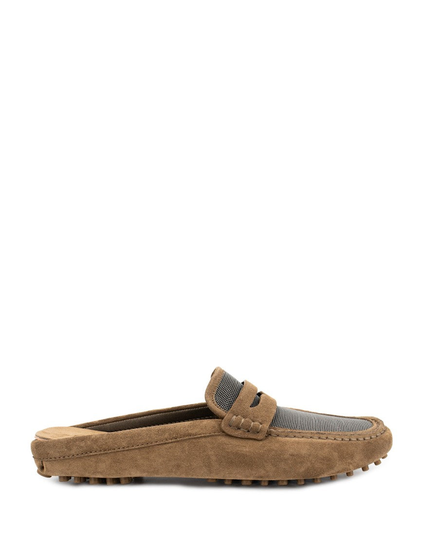 Brunello Cucinelli Suede Tapered Moccasins With Rubber Stud Sole