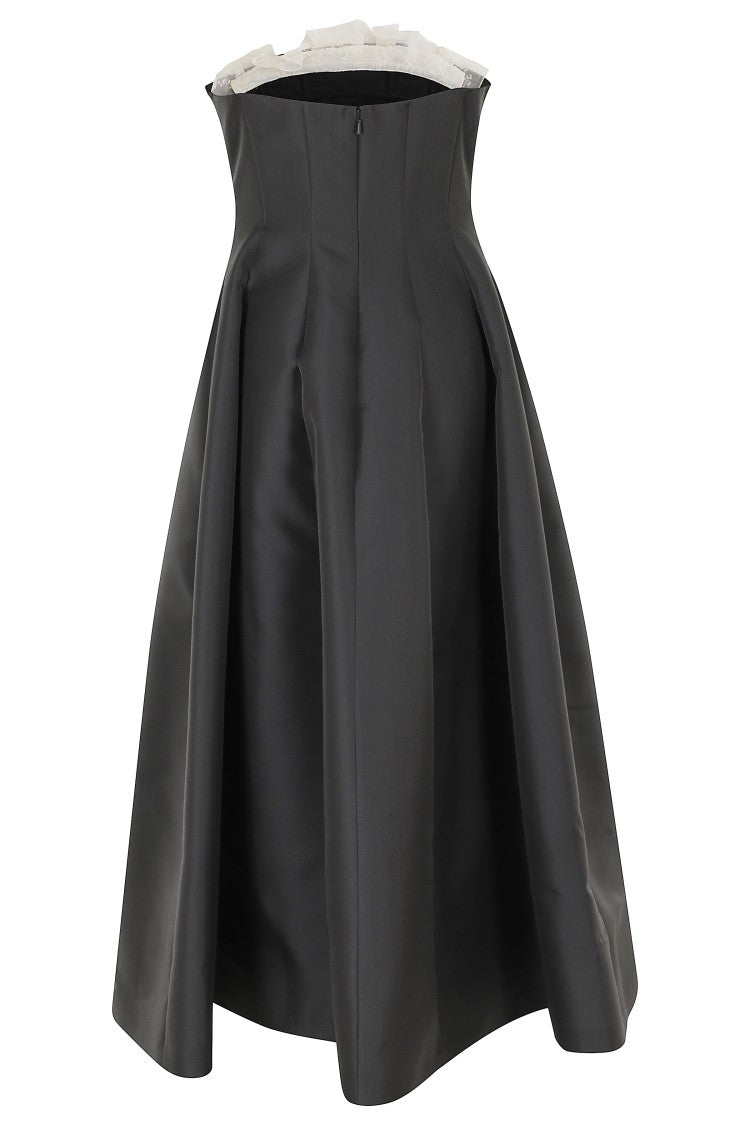 Alberta Ferretti Gray Mikado Lace Geometric Neckline Silk-Blend Dress