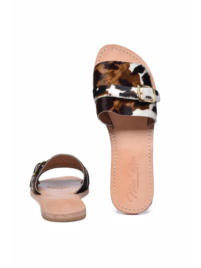 Mim Mar Brown White Spotted Pony Hair Leather Slide Sandals