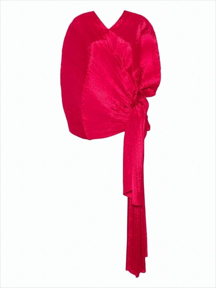 Pleats Please Asymmetrical Red Pleated Cape With Dynamic Silhouette