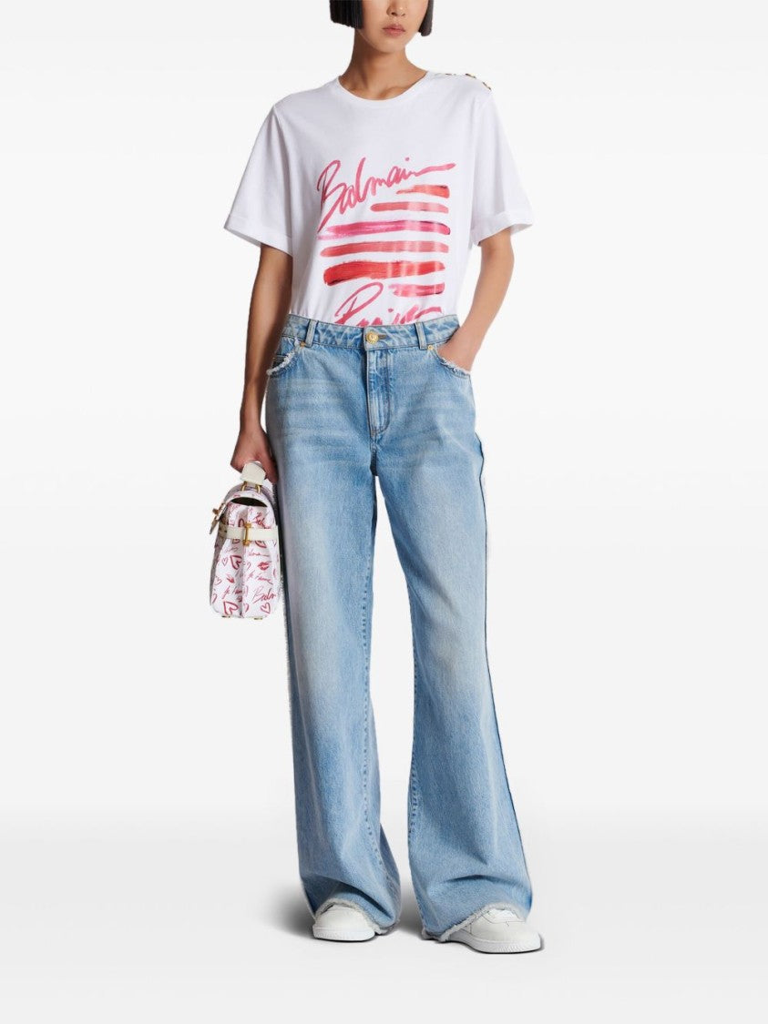 Balmain White Graphic Print Button Detail Top