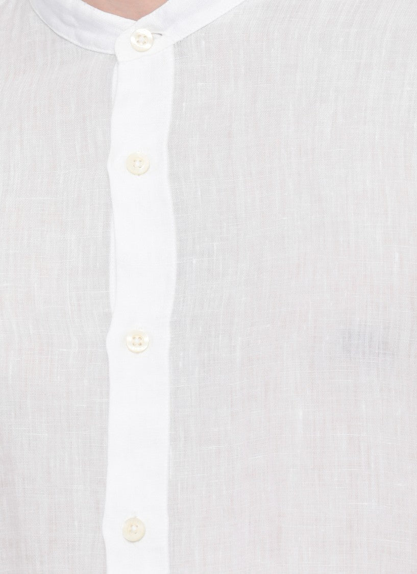 120% Lino White Mandarin Collar Linen Casual Shirt
