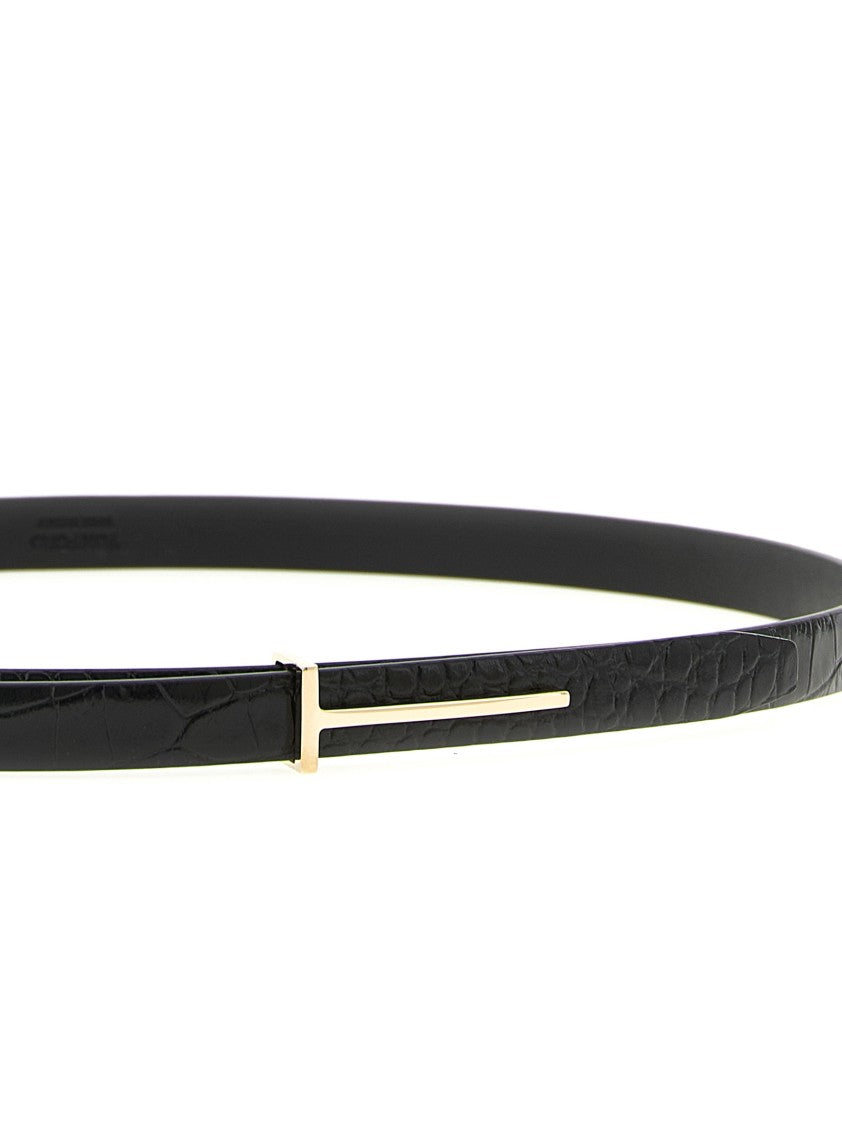Tom Ford Glossy Black Crocodile Print Leather Belt With Gold-Tone Buckle