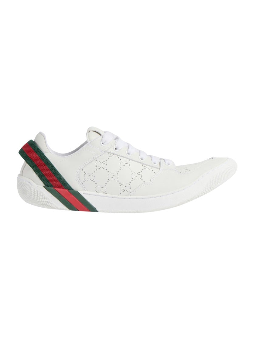 Gucci Minimalist White Perforated Gg Leather Sneakers With Distinctive Accents
