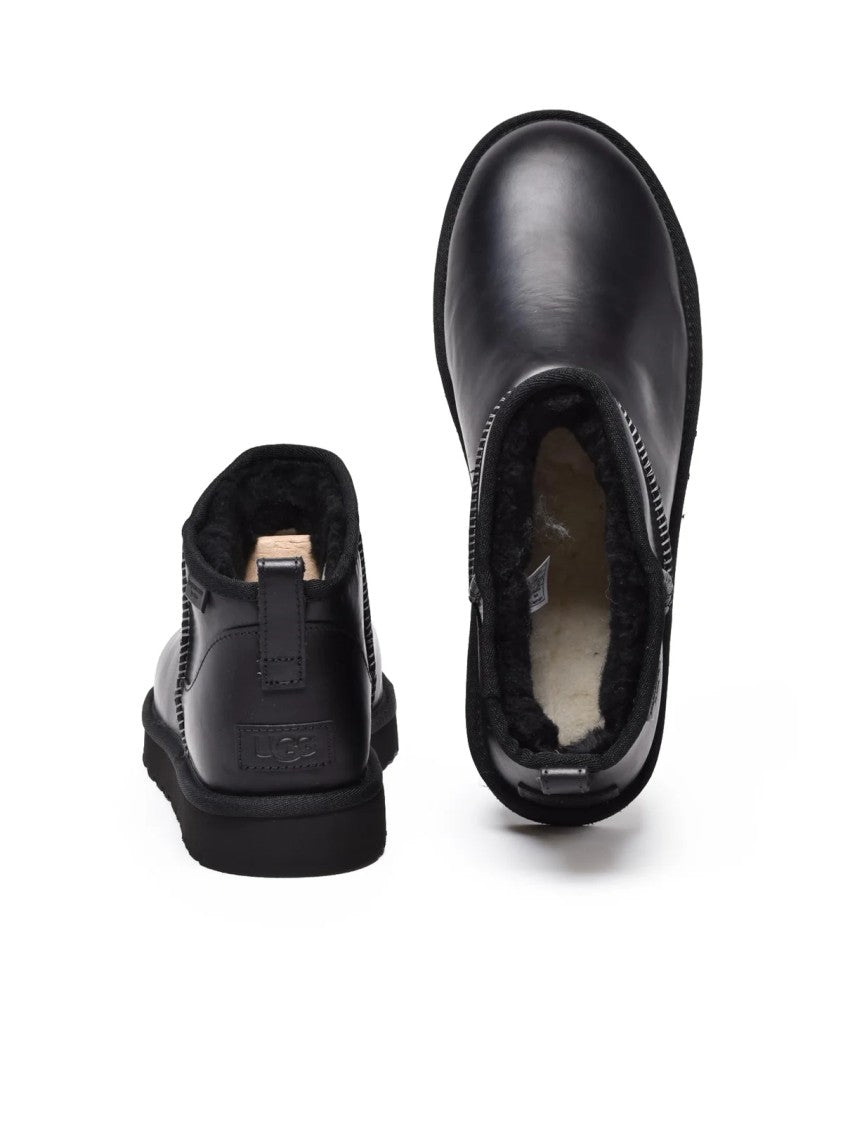 Ugg Black Leather Plush Mini Boots