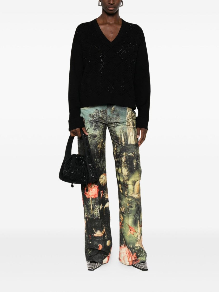 Blugirl V-Neck Black Sweater With Geometric Pattern And Embellished Detailing