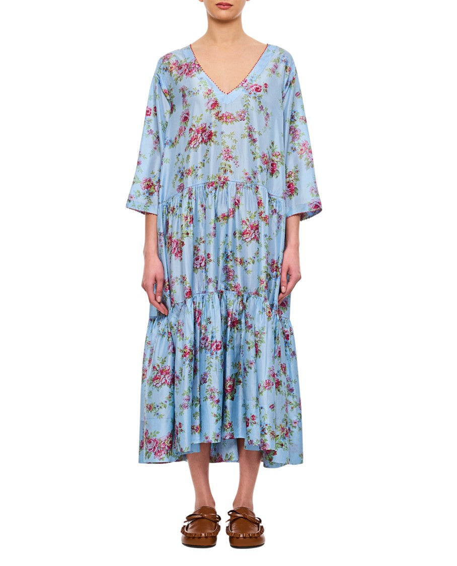 Pero Light Blue Checkered Floral Maxi Dress