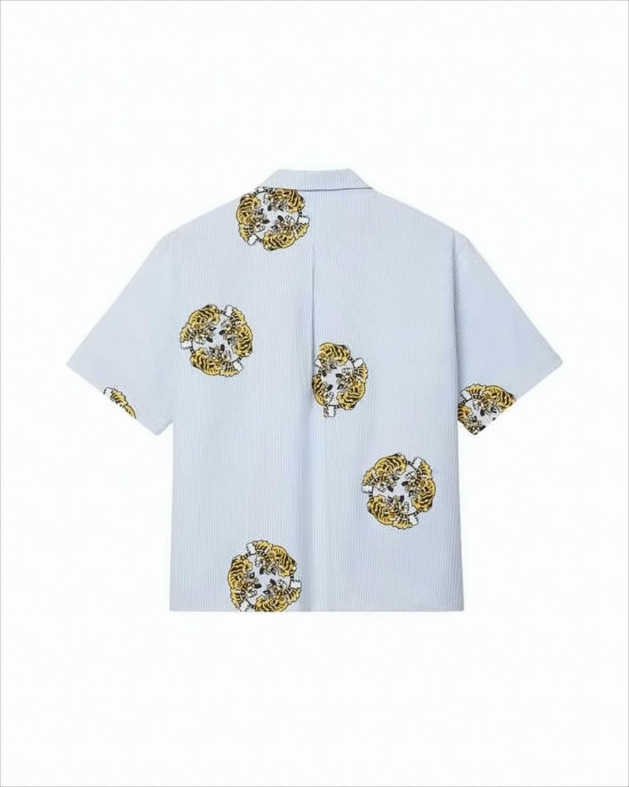 Kenzo Short-Sleeved Light Blue Shirt With Tiger Motifs