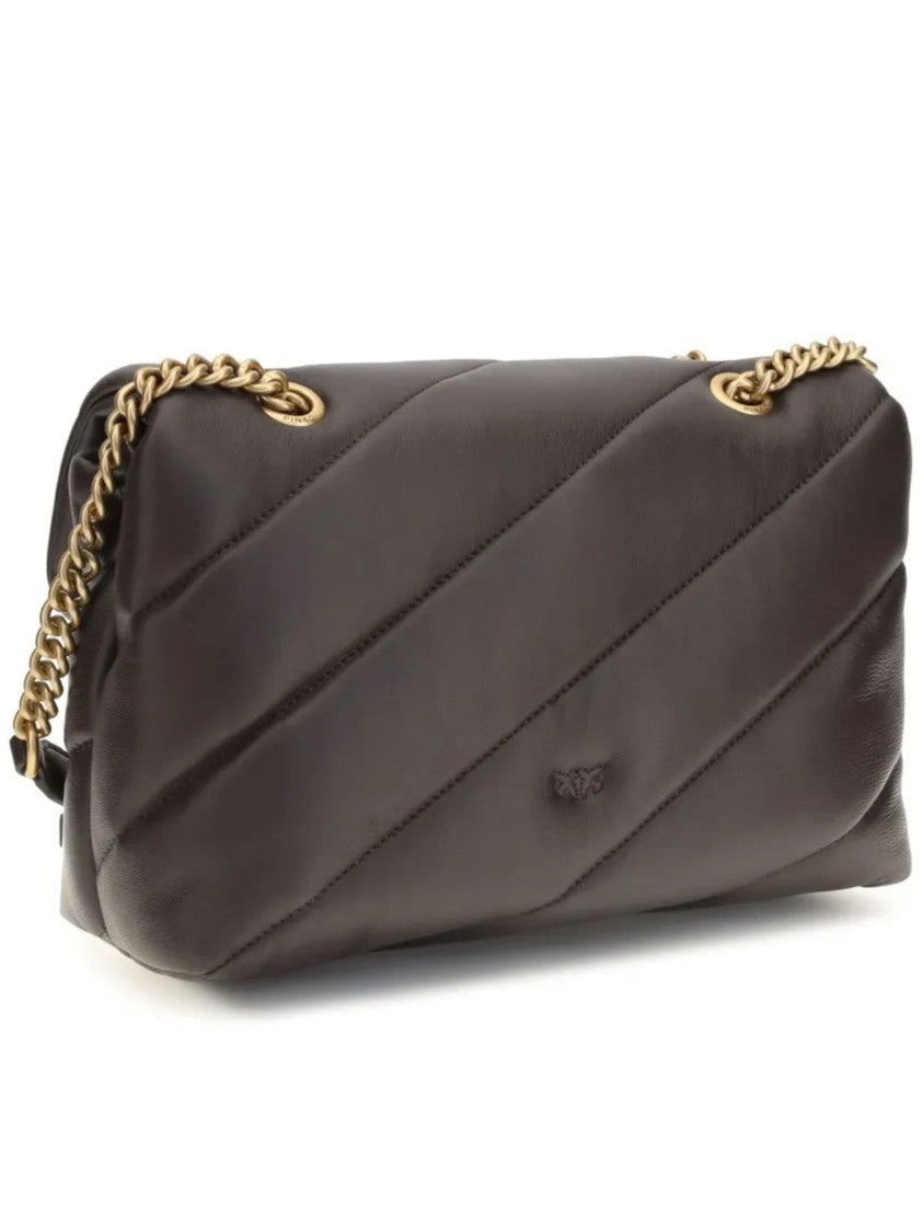 Pinko Quilted Brown Leather Shoulder Bag With Gold-Tone Bird Clasp