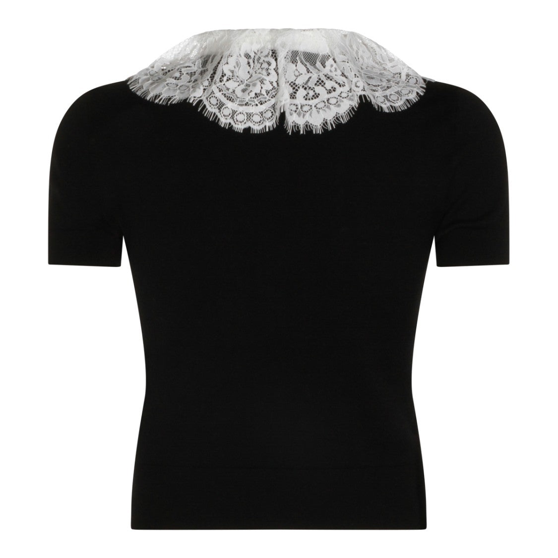 Self-Portrait Black Wool Knit Sweater With Lace Collar And Cropped Fit