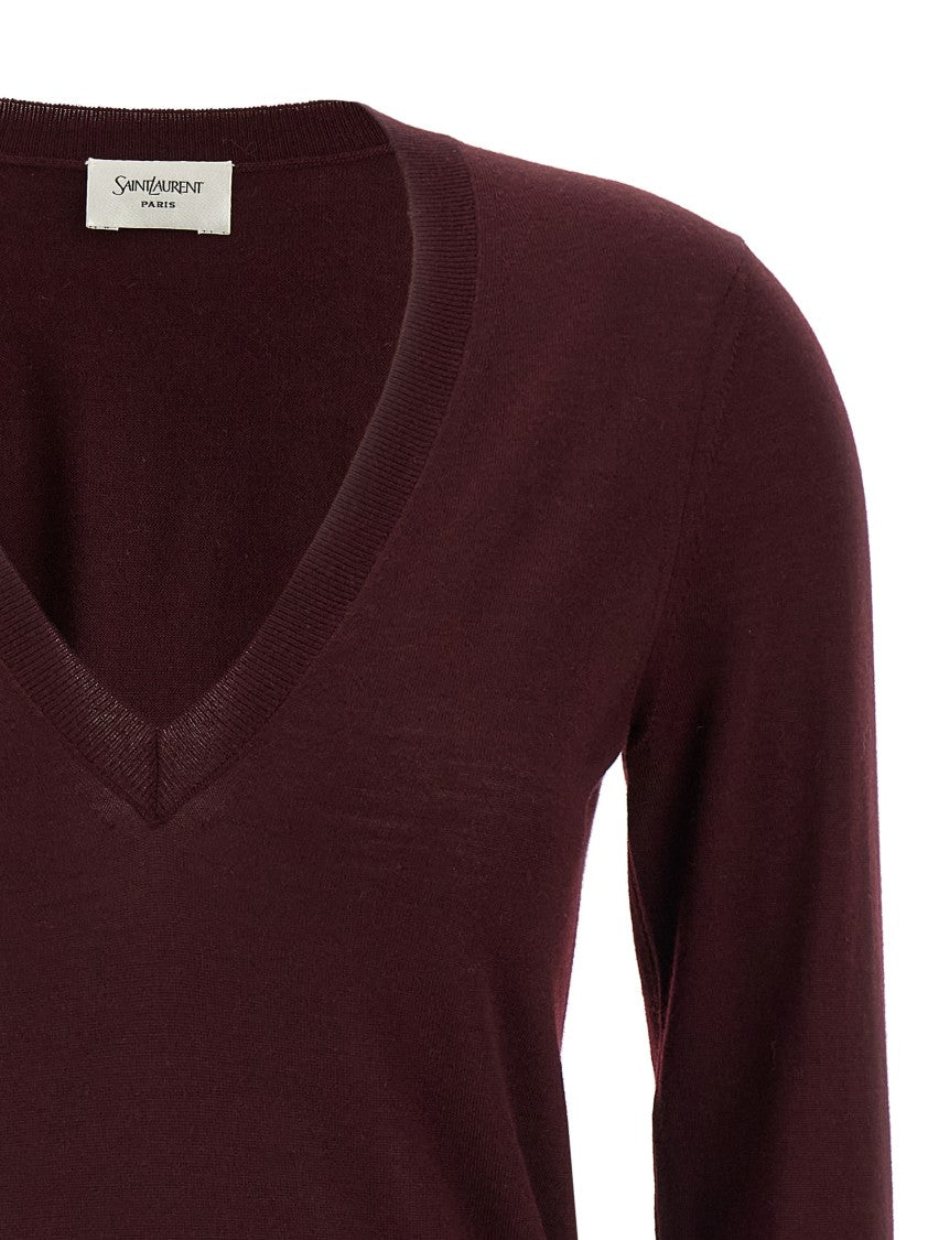 Saint Laurent Deep V-Neck Virgin Wool Sweater With Ribbed Cuffs
