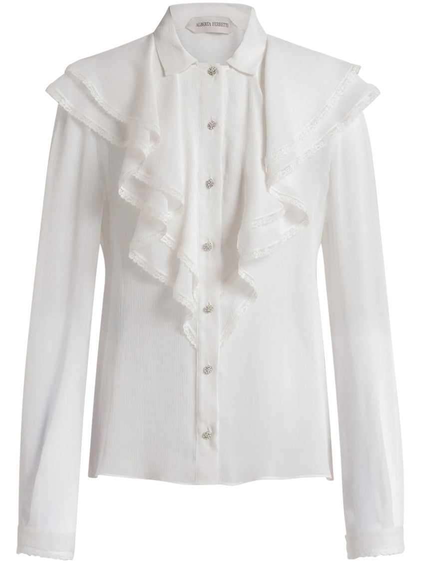 Alberta Ferretti Sheer White Blouse With Layered Ruffles