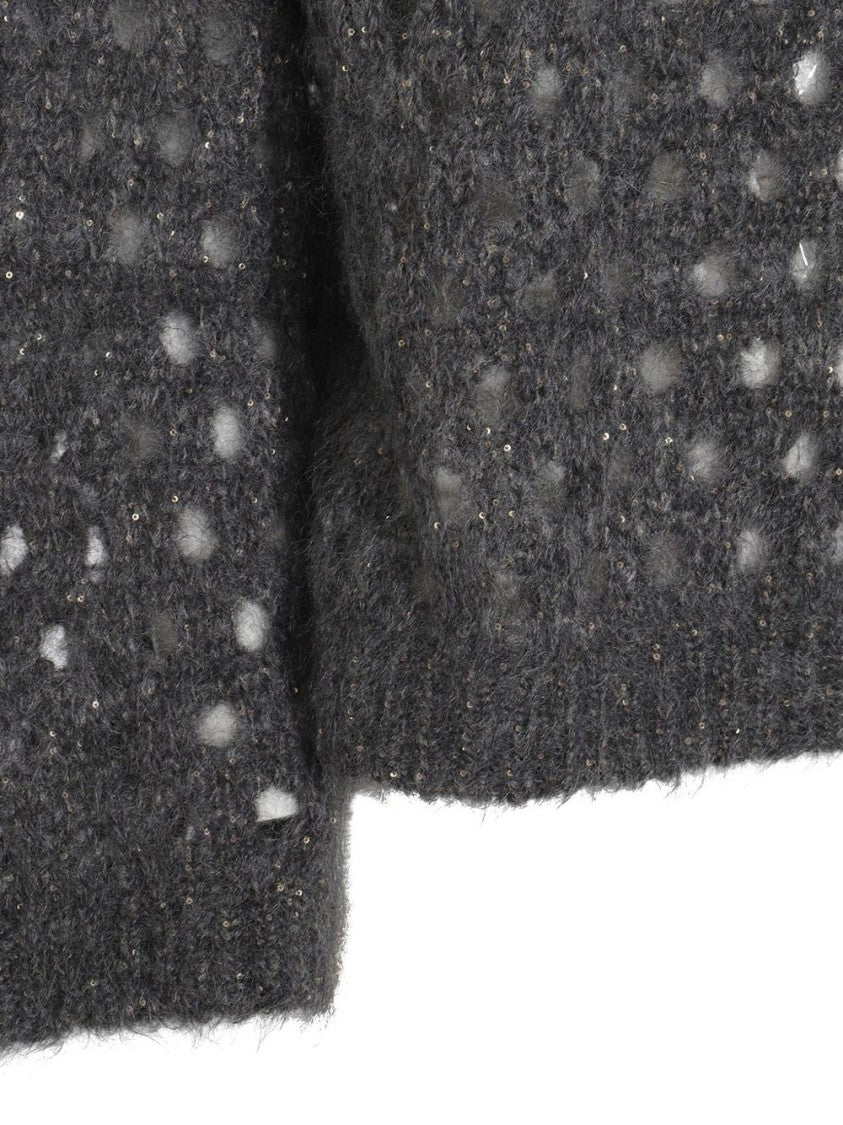 Brunello Cucinelli Open-Knit Grey Sweater With Metallic Threads