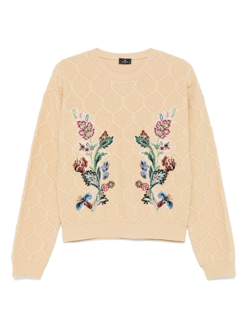 Etro Beige Knit Sweater With Floral Embroidery