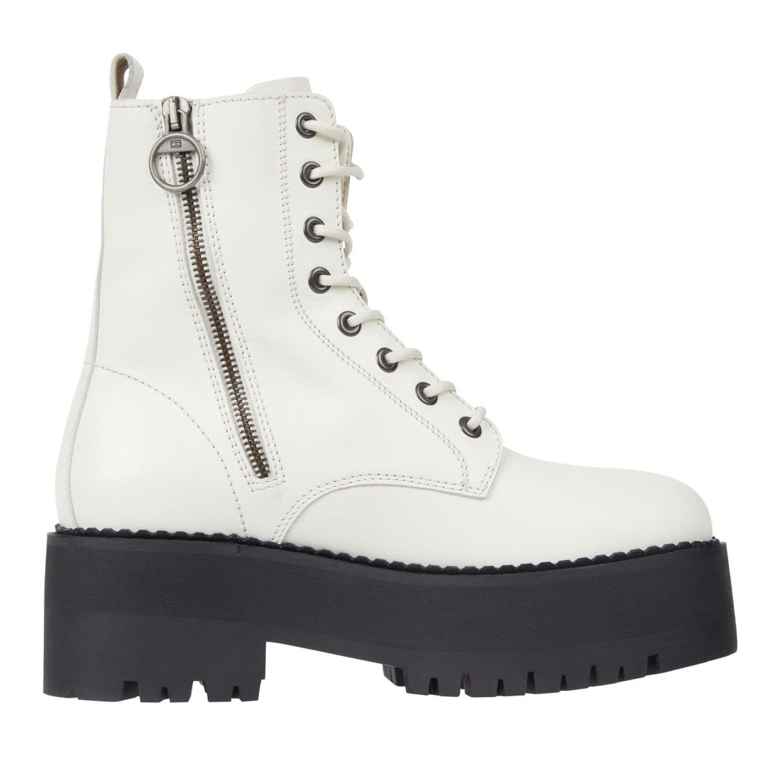 Tommy Jeans White Chunky Sole Lace-Up Side Zipper Leather Boots