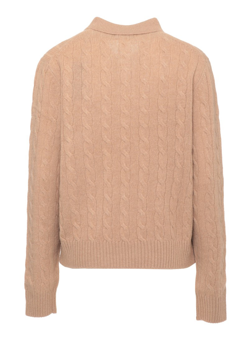 Polo Ralph Lauren Beige Button Collar Cable-Knit Wool Sweater