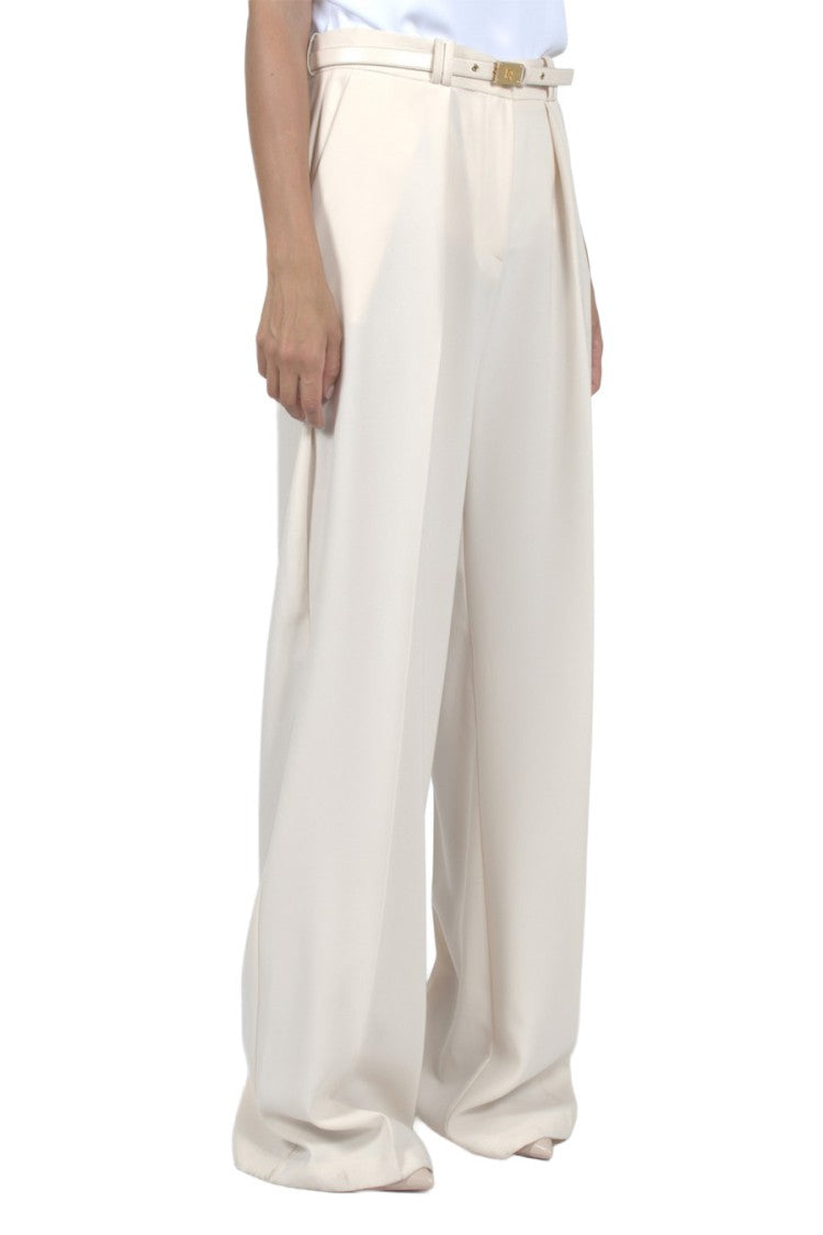 Elisabetta Franchi Cream Pleated Belted Wide-Leg Polyester Pants