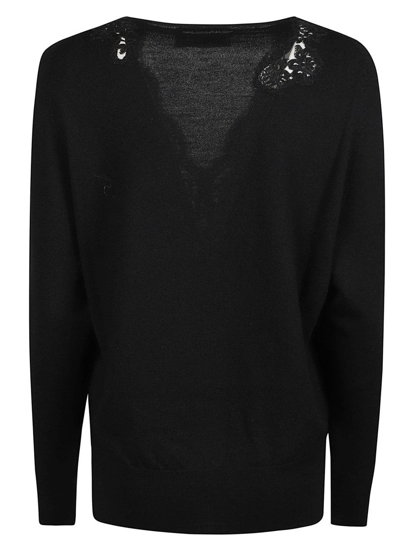 Ermanno Firenze Delicate Lace-Trimmed Black V-Neck Wool Sweater