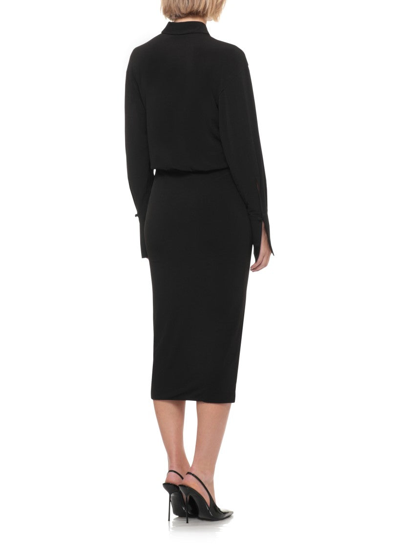 The Andamane Black High-Neck Draped Midi Dress