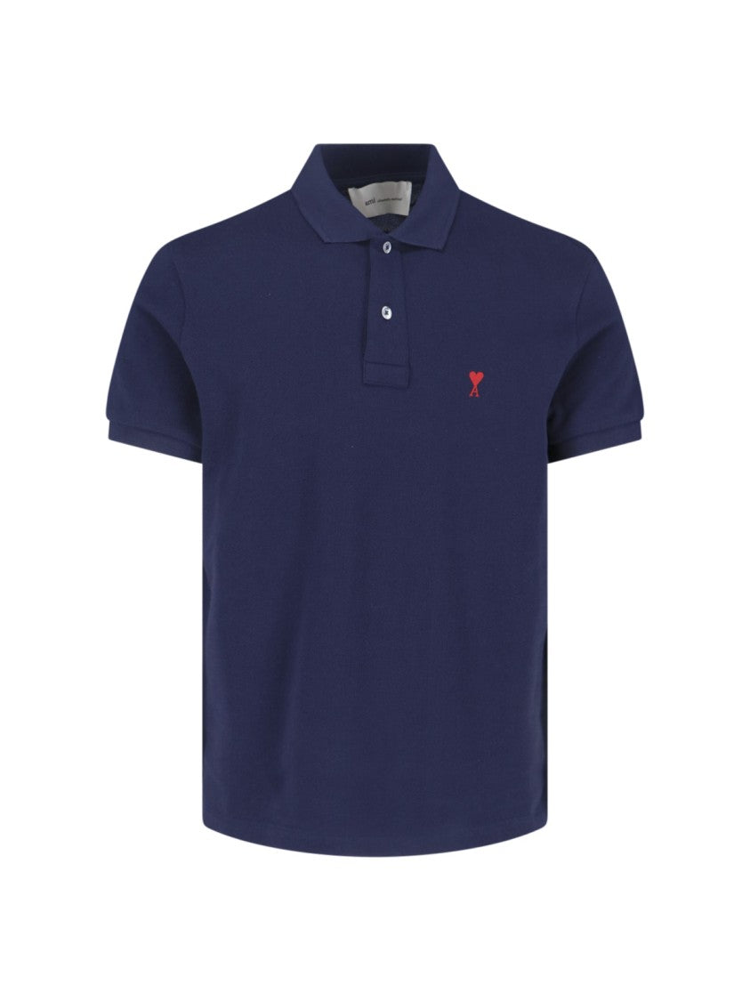 Ami Paris Navy Organic Cotton Polo With Classic Collar
