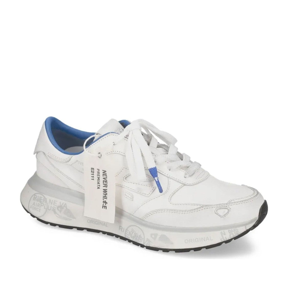 Premiata White Leather Blue Accent Sneakers