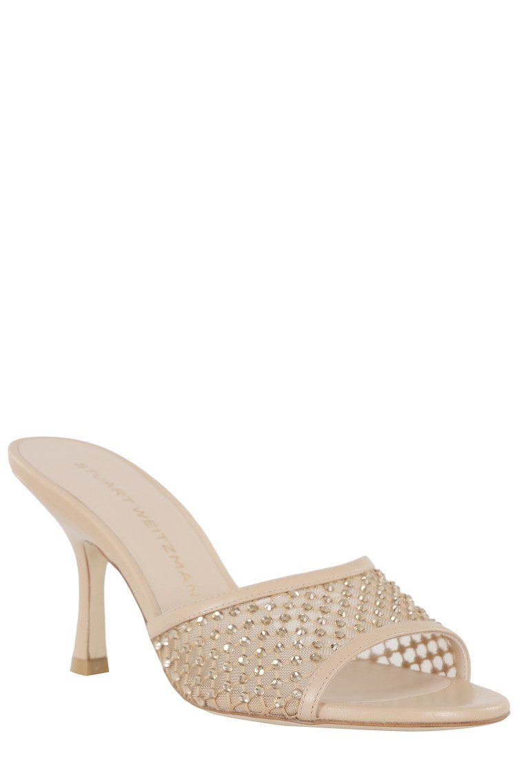 Stuart Weitzman Beige Bareitall Shine Slide 85 Sculptural-Heel Leather Sandals