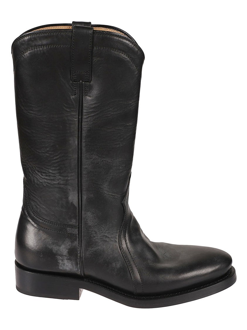 Jil Sander Mid-Calf Black Leather Boots With Subtle Stitching