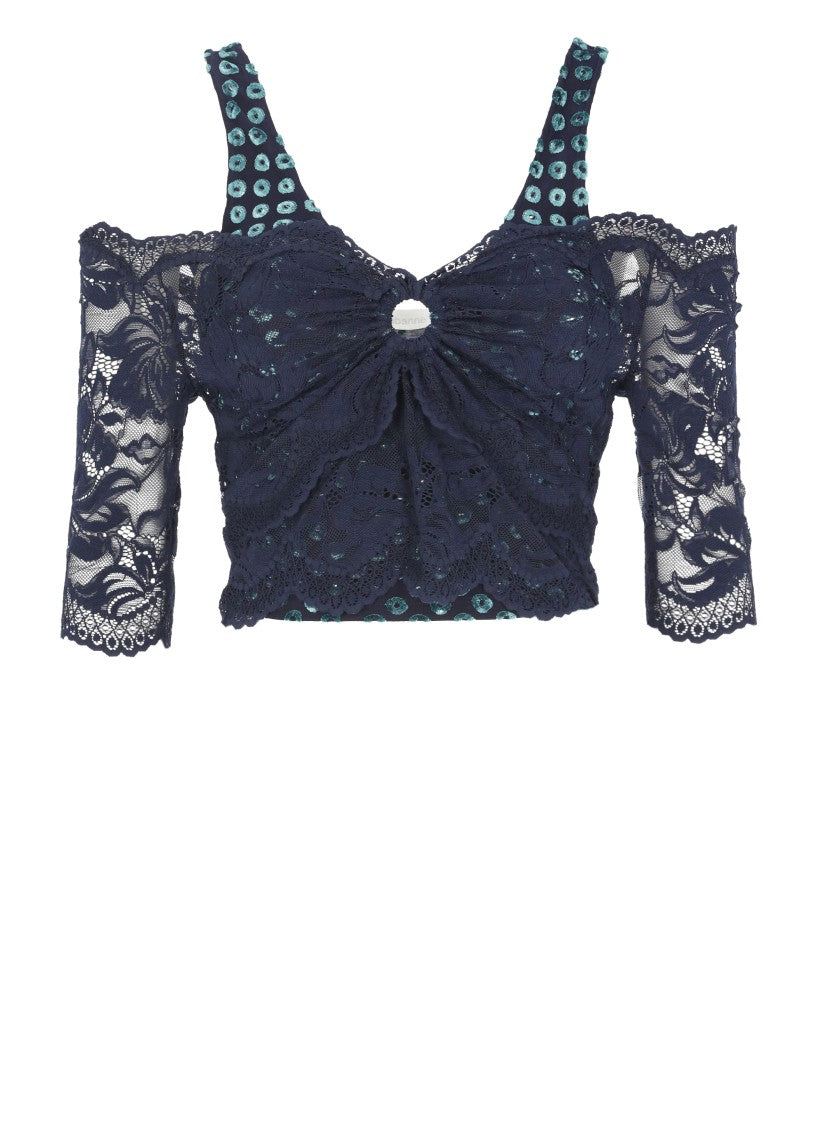 Rabanne Navy Double-Layer Lace Top
