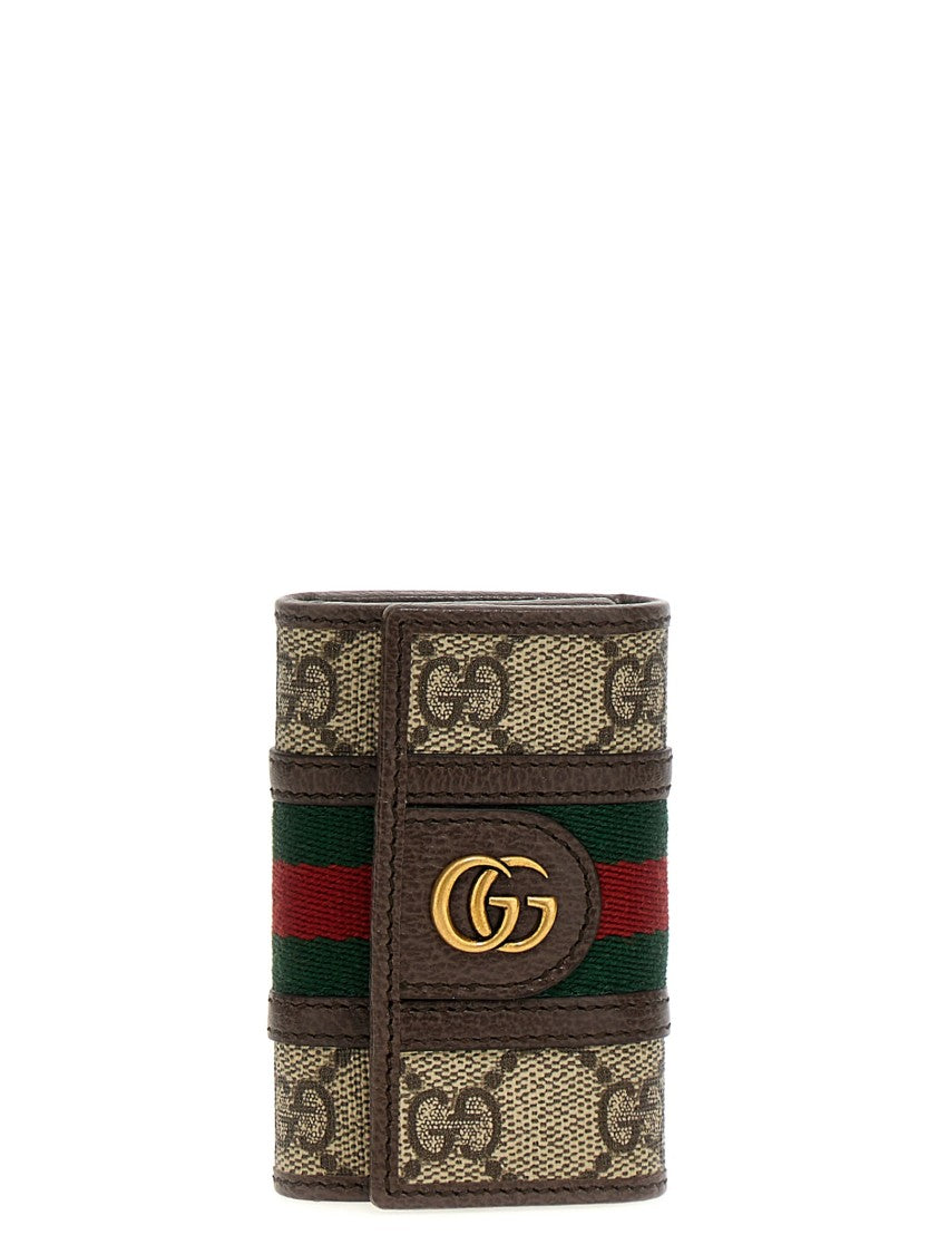 Gucci Gg Supreme Fabric Keyring With Leather Accents