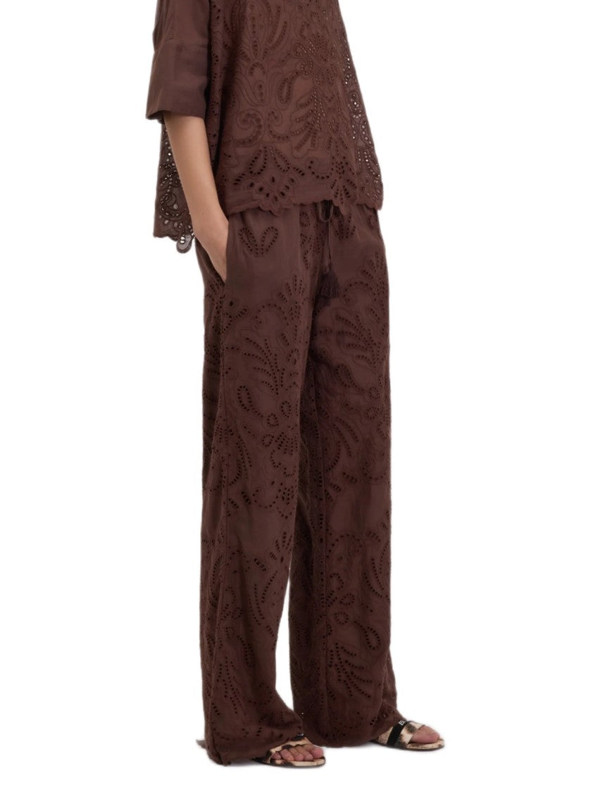 Ermanno Firenze Wide-Leg Muslin Trousers With Sangallo Embroidery And Tassel Drawstring