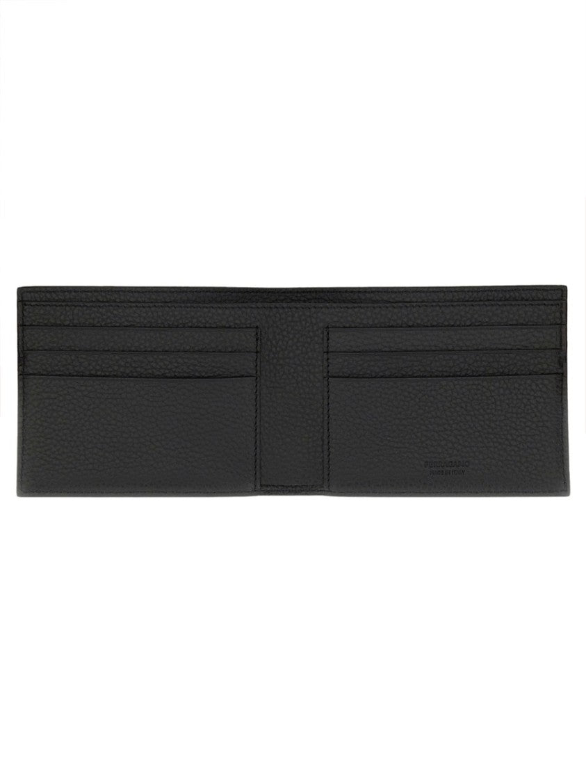 Ferragamo Rectangular Wallet With Textured Monogram And Centered Logo