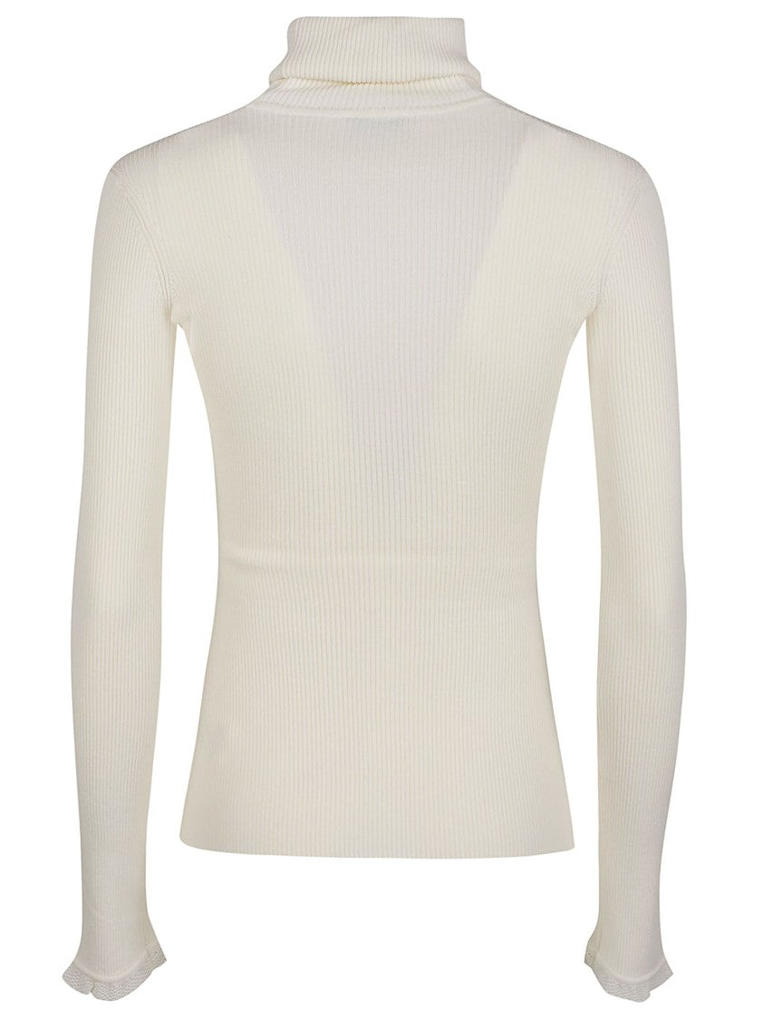 Elisabetta Franchi Ribbed Knit Turtleneck Sweater With Ruffled Cuffs And Emblem