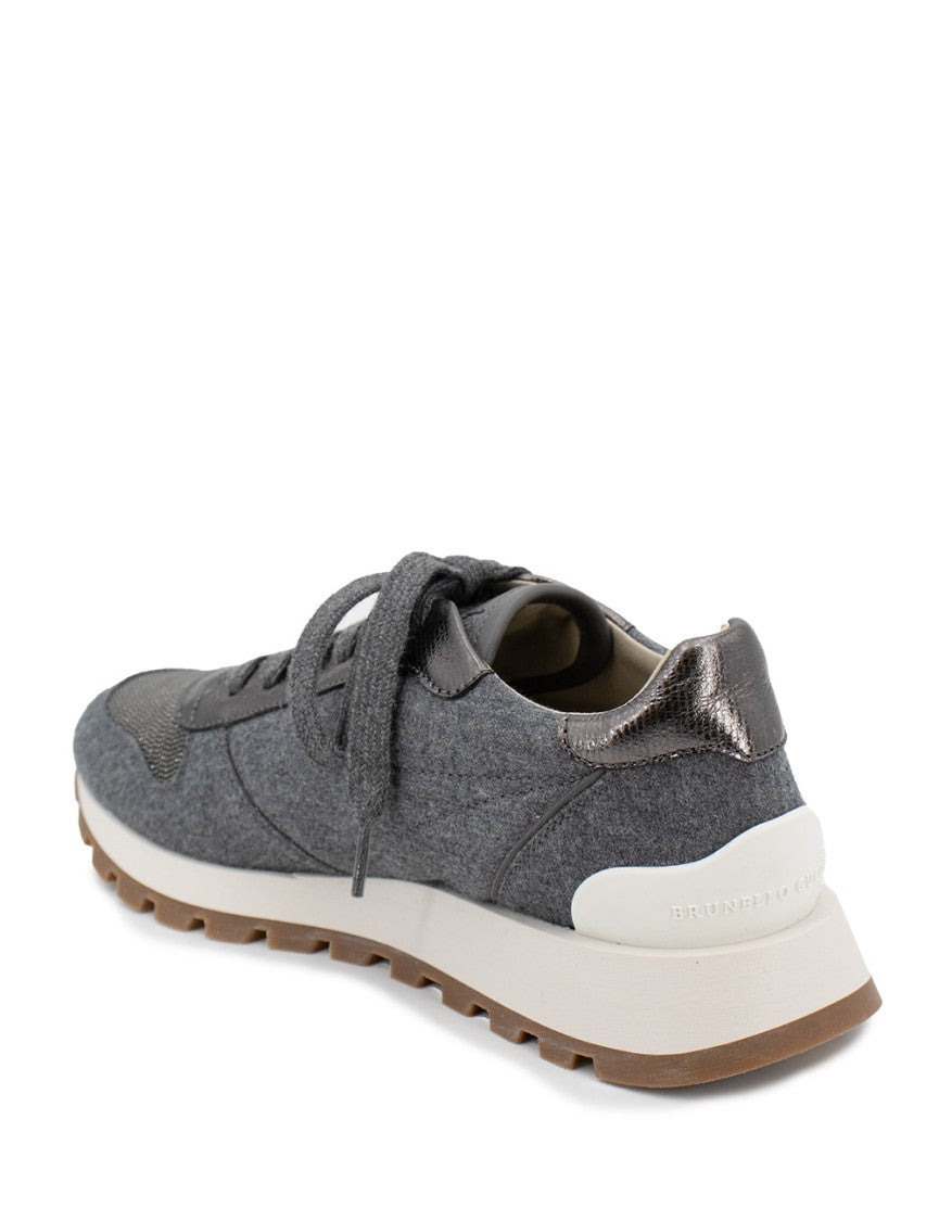 Brunello Cucinelli Wool Flannel Runners With Metallic Calfskin Accents