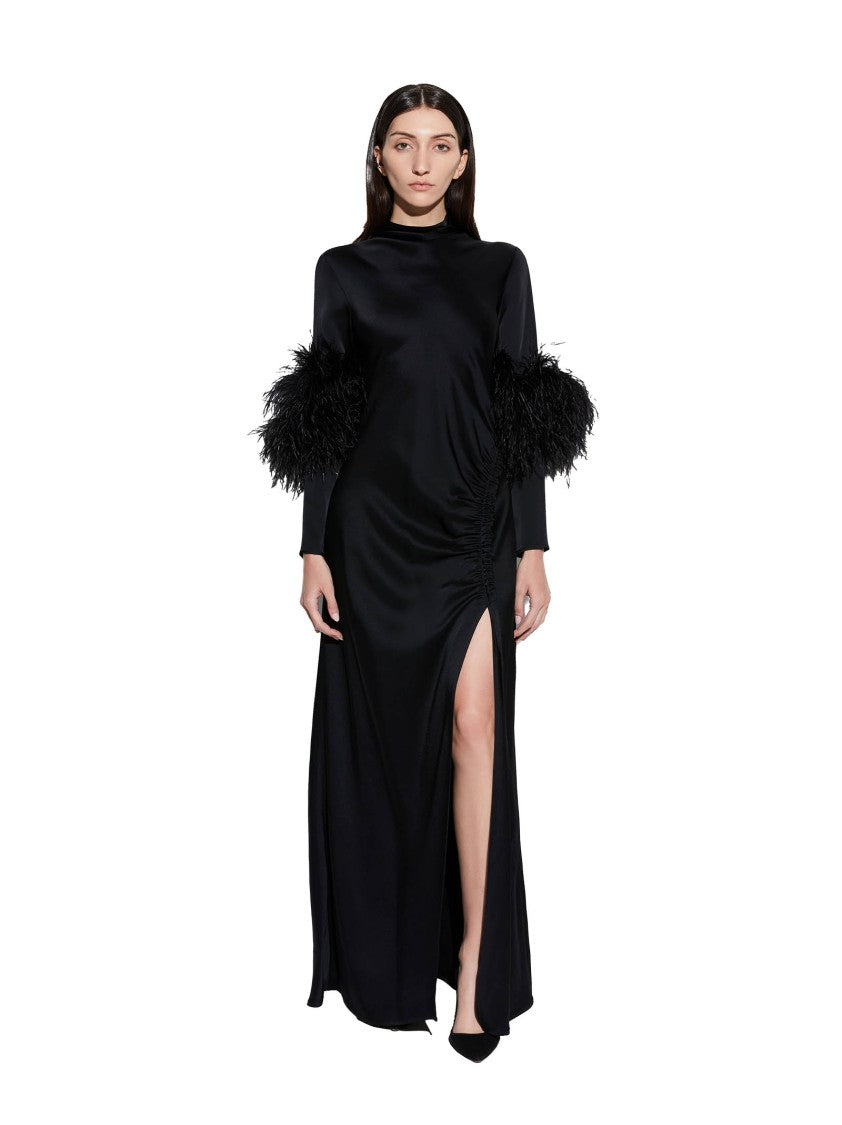 Lapointe Long High-Neck Satin Dress With Feather Details