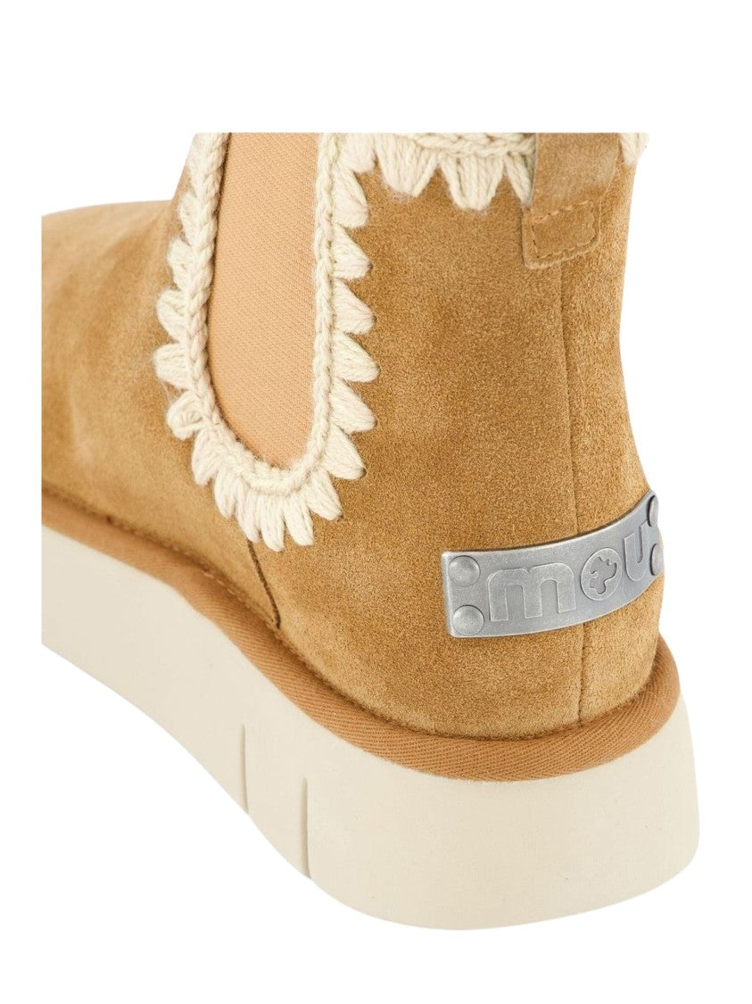 Mou Bounce Brown Crocheted Wool Trim Suede Ankle Boots