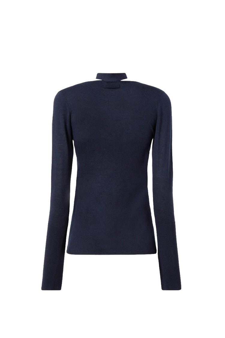 Pinko Blue Wool Tie-Neck Lace-Trim Sweater